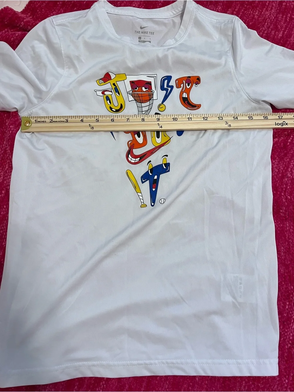 Nike White Kids' Graphic 'Just Do It' Dri-Fit Tee with Multicolor Letters size L